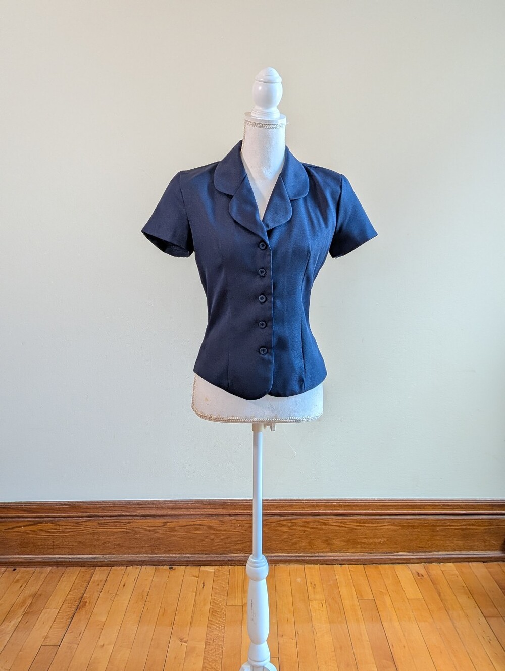 Vintage Navy Short-Sleeve Button Front Blouse